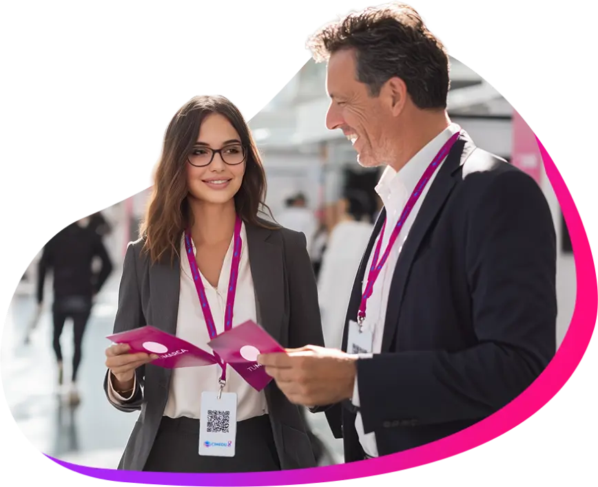 Tú como patrocinador revisando un brochure en el venue de patrocinadores de CIMEDU con un líder del sector educativo.